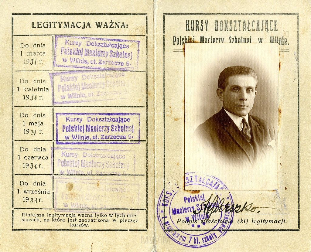 KKE 5818.jpg - Dok. Legitymacja szkolna wystawiona przez Kursy Dokształcające Polskiej Młodzierzy Szkolnej w Wilnie dla Antoniego graszko, Wilno, 1 IX 1930 r.